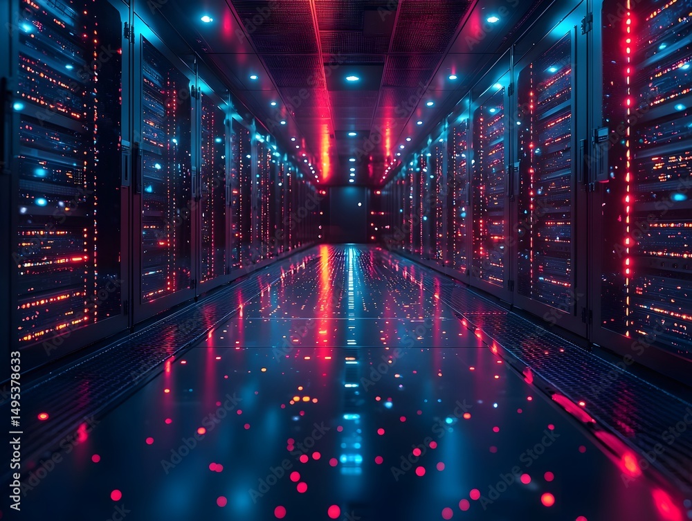 High tech data center with glowing servers and algorithms processing real time business analytics High tech data center with glowing servers and algorithms processing real time business analytics