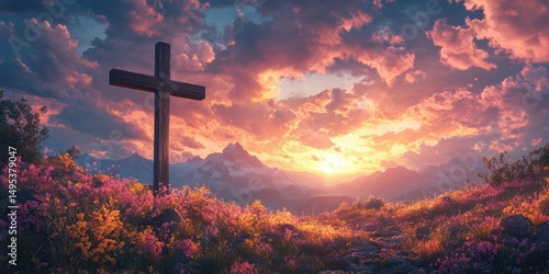 Fototapeta Naklejka Na Ścianę i Meble -  Sunset over mountain landscape with a wooden cross surrounded by vibrant flowers in bloom