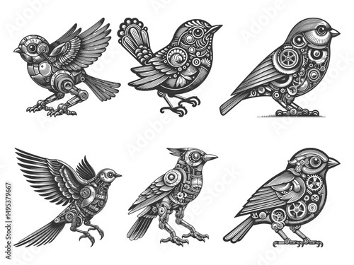 steampunk birds Set collection bundle sketch engraving generative ai vector illustration. Scratch board imitation. Black and white image.