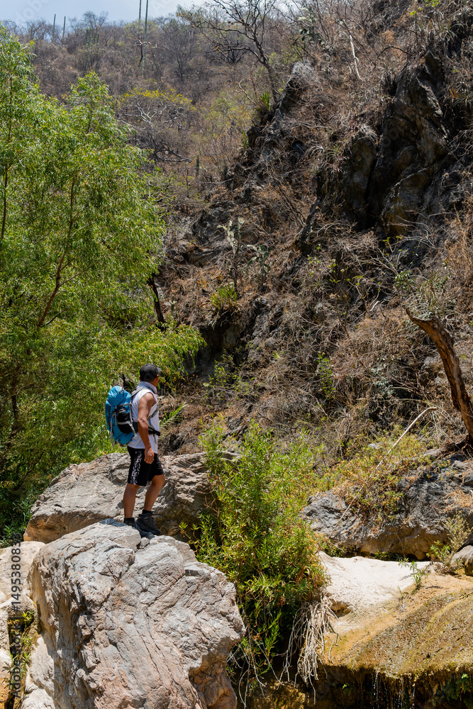 Hiker contemplating the landscape at cascadas la magdalena in tlatlauquitepec, puebla, mexico Hiker contemplating the landscape at cascadas la magdalena in tlatlauquitepec, puebla, mexico
