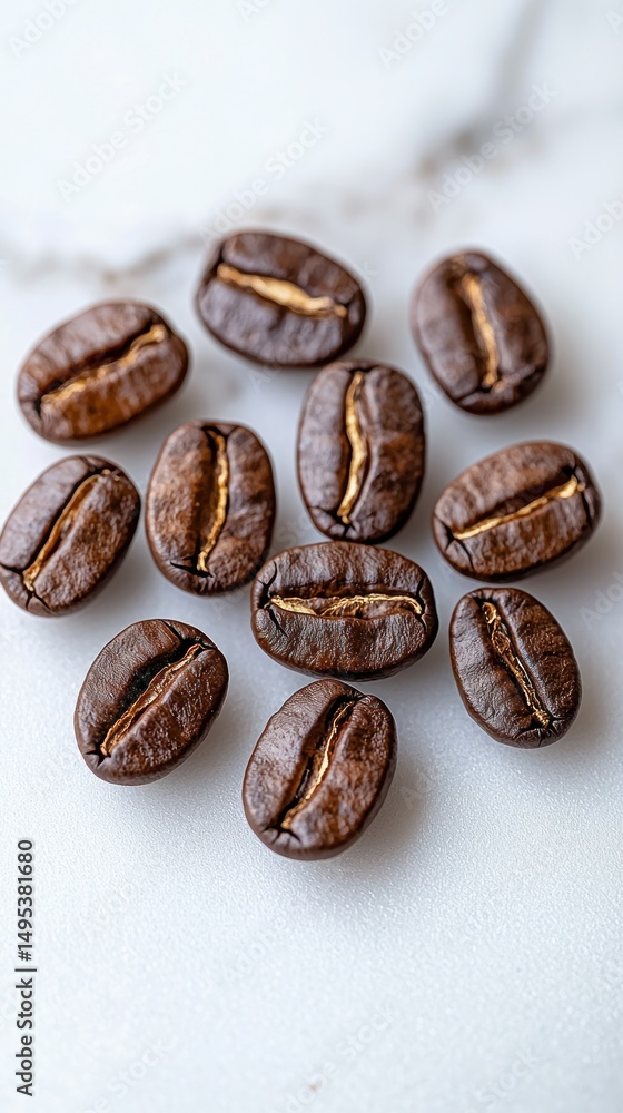 Coffee beans, brown & perfect, on white marble surface Coffee beans, brown & perfect, on white marble surface