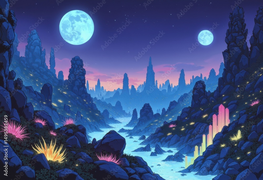 Fototapeta premium Enchanting landscape with glowing crystals and vibrant flora under two moons