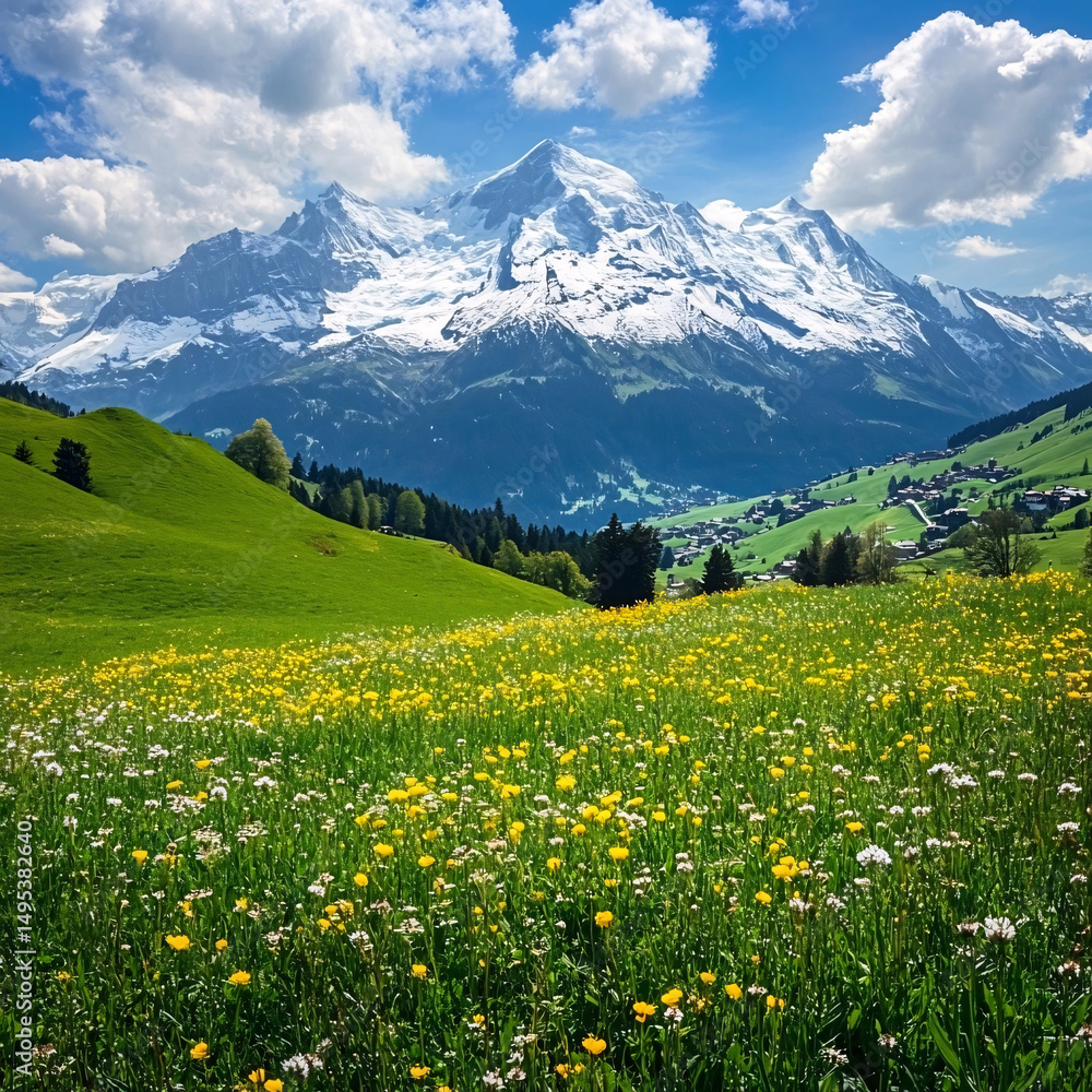 Fototapeta premium A stunning vista of alpine mountains and lush green fields under a brilliant blue sky.