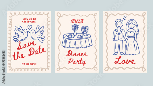 Doodle Wedding Sketch Card Set Love Romantic Hand Drawn Chalk Greeting Banner Vintage Vector Save The Date Party Dinner Birde Bride Collection