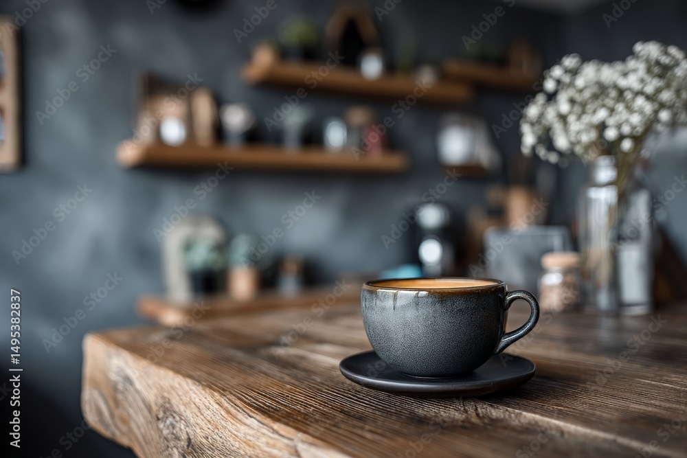 Obraz premium Warm cup of coffee on rustic wooden table in cozy cafe during afternoon