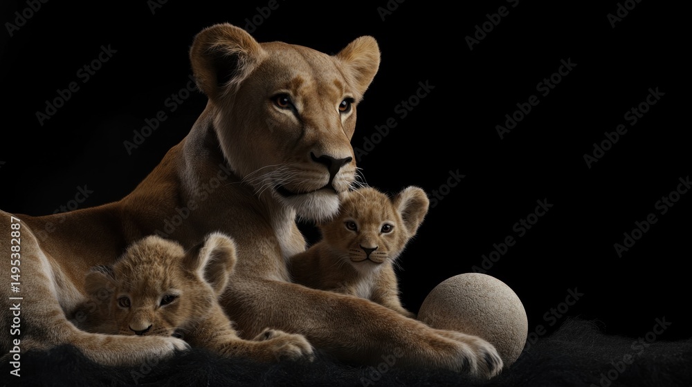 Obraz premium Lioness with cubs resting, dark background, wildlife