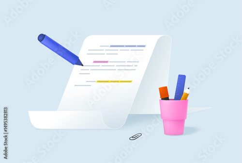 Copywriting, writing. 3d vector of paper with highlighted text and stationery. Editing, proofreading, document correction concept. Education, homework. Isolated vector illustration