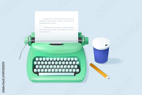 Typewriter machine. Copywriting, storytelling, creative writing. 3d vintage typewriter and paper with text. Workspace of an author, journalist. Writing script, essay. Isolated vector illustration