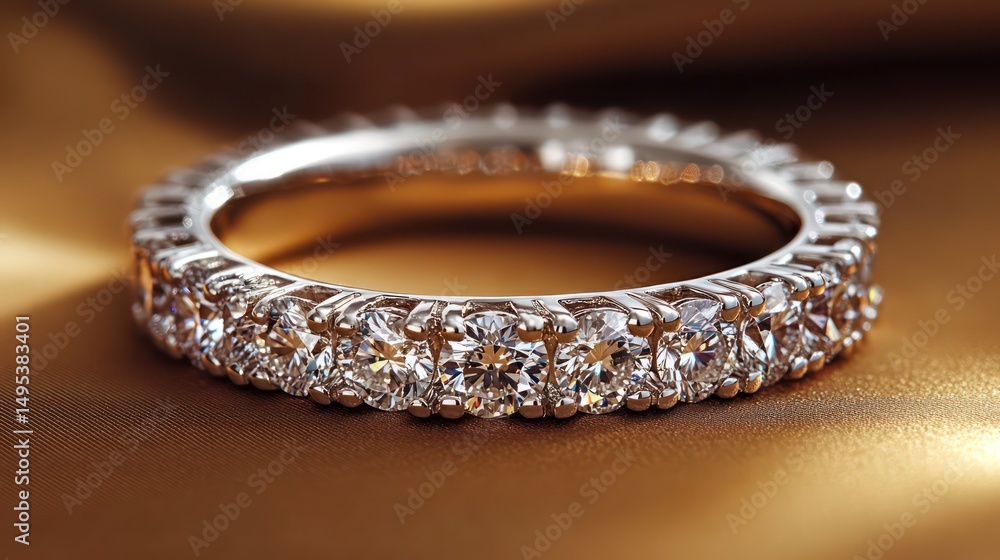 A close-up of a diamond eternity band, featuring continuous diamonds set all around the band, resting on a satin background. The diamonds sparkle, creating a timeless, elegant piece. A close-up of a diamond eternity band, featuring continuous diamonds set all around the band, resting on a satin background. The diamonds sparkle, creating a timeless, elegant piece.