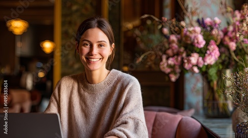 Smiling woman working on laptop cozy indoor setting personal development portrait warm atmosphere inspiring viewpoint