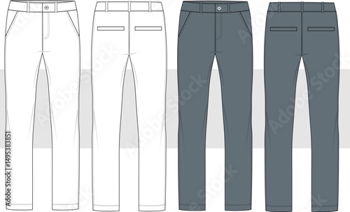 Men's formal casual chino trouser pant front and back view flat sketch fashion illustration drawing, slim fit denim jeans pants vector template, CAD, Mockup.