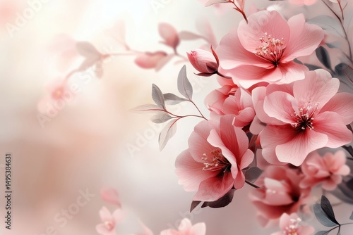 Soft, pink flowers bloom with delicate leaves, a romantic floral design. Ideal for springtime cards, wedding invitations, or elegant backgrounds.