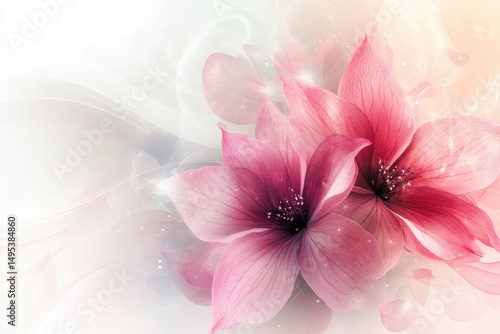 Pink flowers in soft focus with light, swirling abstract background. Use as a feminine and delicate backdrop for designs.