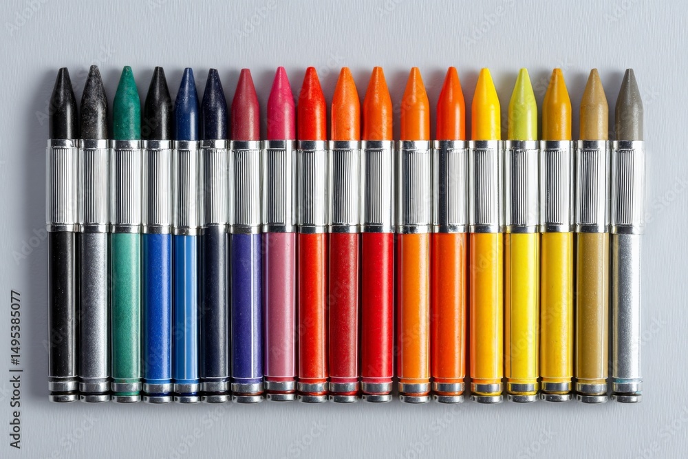 Fototapeta premium Vibrant assortment of colored crayons arranged neatly on a gray surface in bright hues