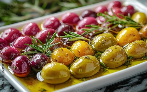 Colorful marinated olives with rosemary on a white tray