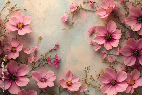 Pink cosmos flowers frame a blue and beige textured background. It's perfect for spring or wedding themed projects.