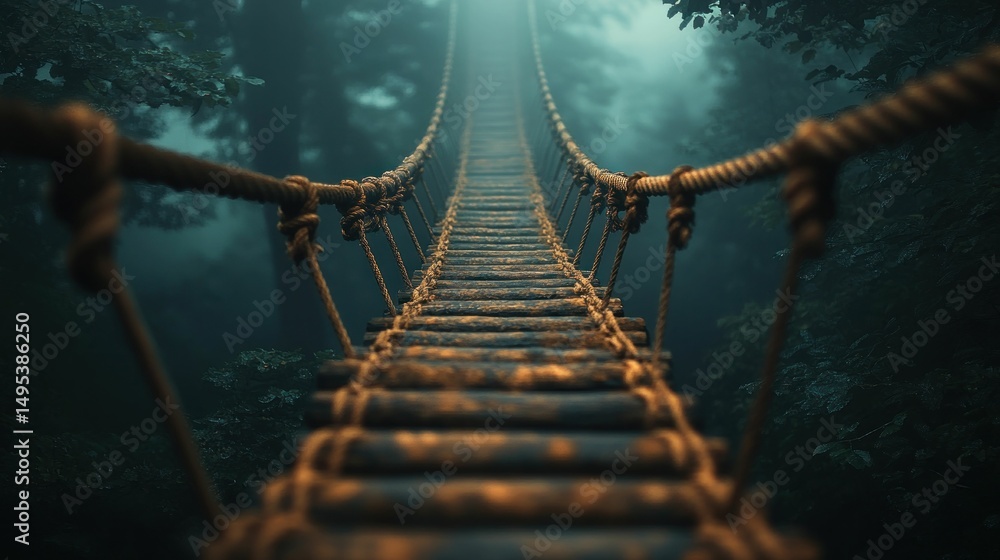 Fototapeta premium Misty rope bridge through a dark jungle