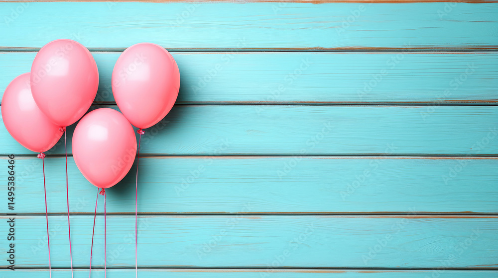 Obraz premium Celebratory pink balloons displayed against a bright blue wooden background perfect for party planning inspiration and festive decor ideas