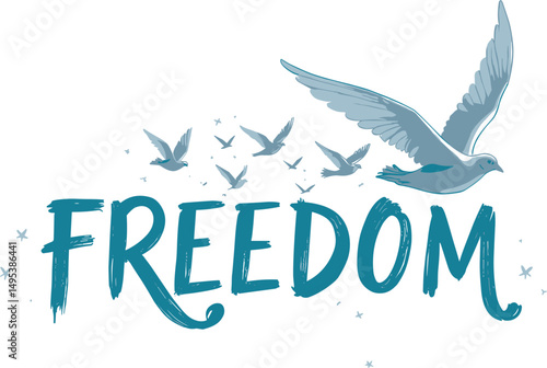 The word freedom with flying doves and decorative star elements against a white background