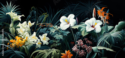 Luxurious vintage floral  flower with botanical in digital painting or etching holotone printing color style.beautiful illustration flower blooming in dark background