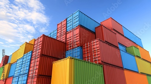 Colorful Stack of Shipping Containers under a Blue Sky Global Trade and Logistics Image