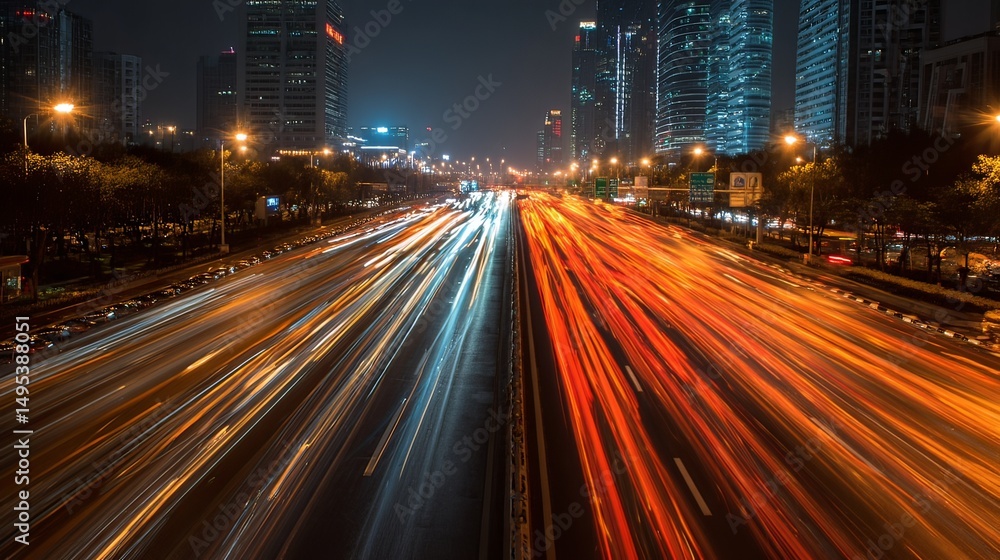 Obraz premium Dynamic nighttime traffic flow urban cityscape photography night aerial view motion and energy