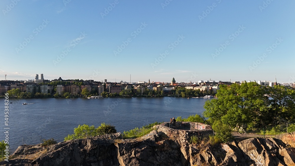 Fototapeta premium Aerial drone photos over Kungsholmen, Långholmen and Västerbron in Stockholm, Sweden