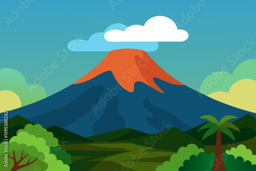 distant volcano with rolling clouds and jungle for 