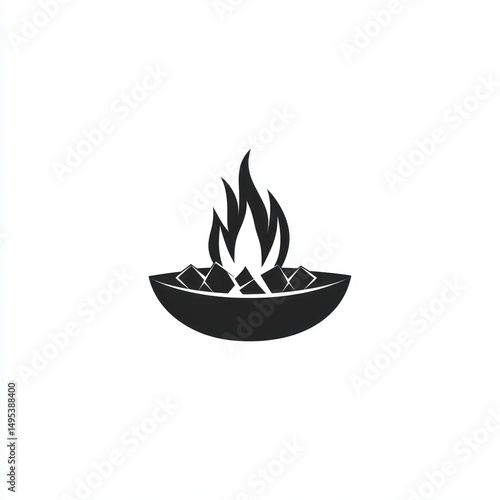 Campfire embers in bowl, outdoor cooking, nature background, food preparation