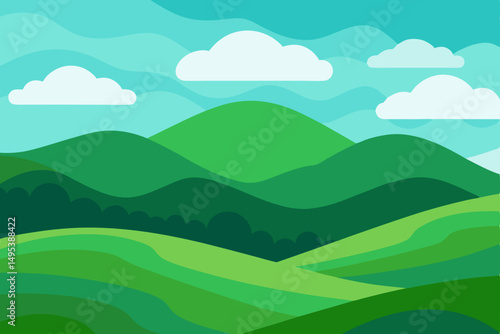 emerald green hills rolling under a cloudy sky  