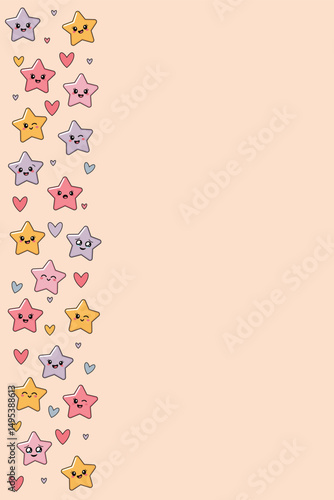 Smiling kawaii stars border in soft colors. Fun star and heart page frame in pastel tones