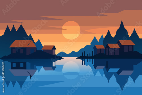 floating village reflected on a still river at daw.svg