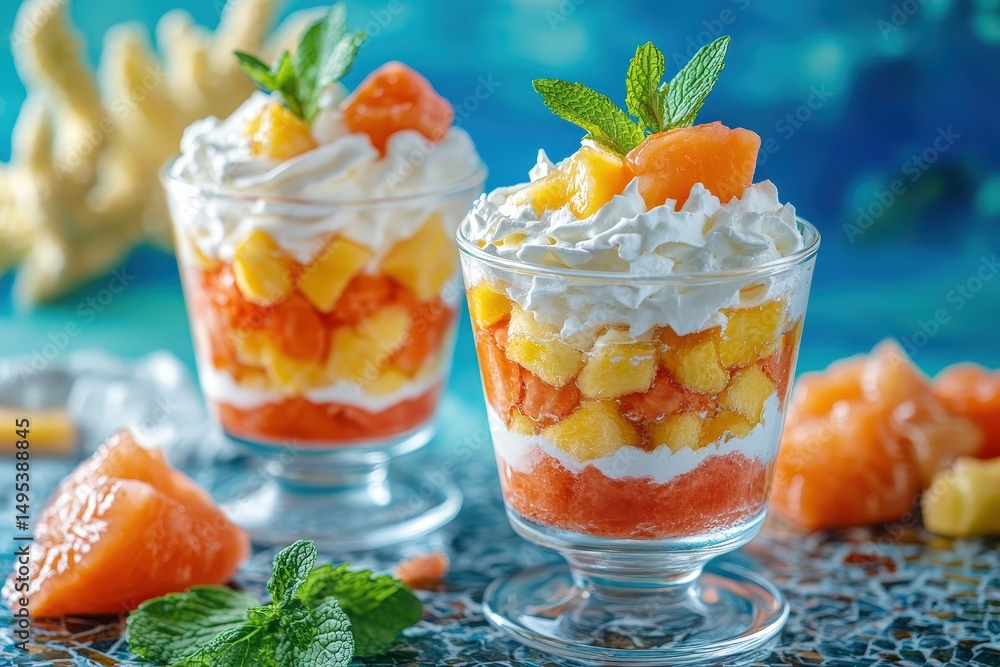 Layers of refreshing fruit and whipped cream dessert. Layers of refreshing fruit and whipped cream dessert.