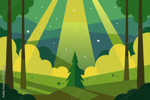 forest clearing with sunbeams and floating pollen 
