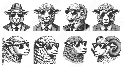 sheep and rams wearing sunglasses and suits Set collection bundle sketch engraving generative ai vector illustration. Scratch board imitation. Black and white image.