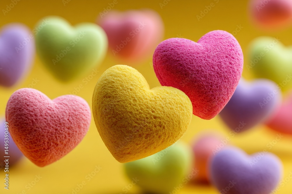 Fototapeta premium Colorful sponge hearts floating against a yellow background create a cheerful and playful atmosphere for decoration or celebration