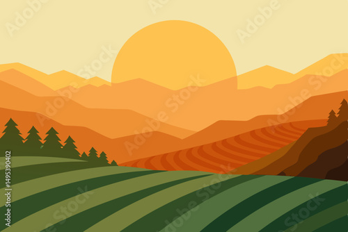 late afternoon sun glowing over misty rice terrace.svg