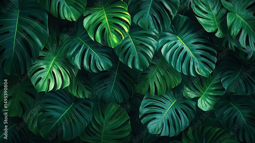 Lush Monstera Foliage: An Intricate Tapestry of Deep Green Tropical Leaves Lush Monstera Foliage: An Intricate Tapestry of Deep Green Tropical Leaves