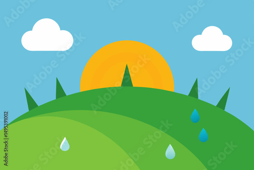 morning dew on a grassy hillside with sun rising 