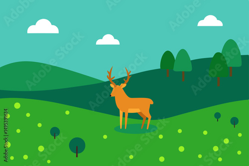 open meadow dotted with grazing deer  
