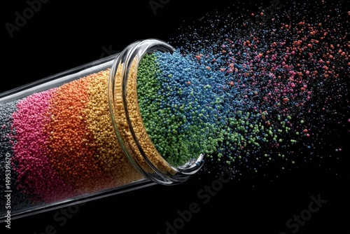 Colorful granules spilling from a glass container create a vibrant display against a dark background