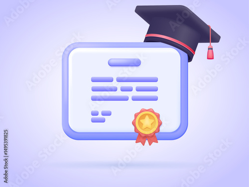 Graduation scroll with academic cap in  3d style for education and achievement theme – 3d vector illustration. Isolated vector icon.