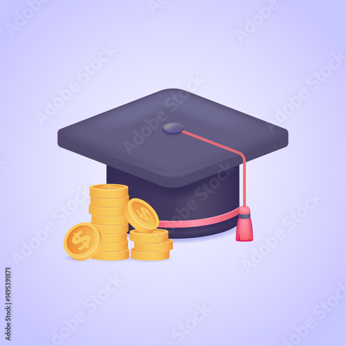 Graduation cap with gold coins symbolizing student loan, tuition cost, and financial success – 3d vector illustration. Isolated vector icon.