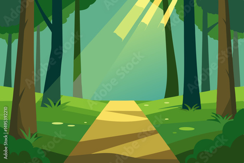 peaceful forest glade with shafts of sunlight   