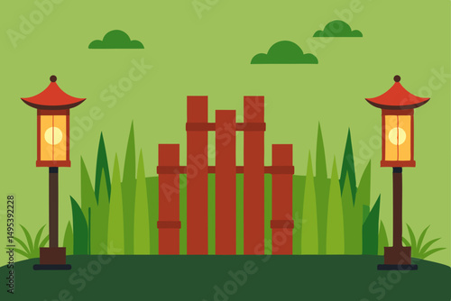 peaceful garden with bamboo fence and lanterns  .svg