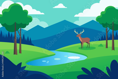 peaceful glade with deer grazing near a pond  .svg