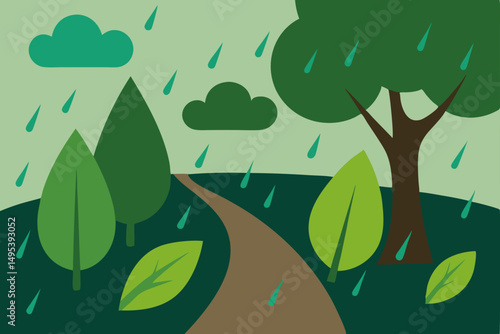 rain drenched leaves along a forest walking path 