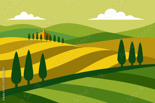 rolling hills of tuscany with cypress trees 