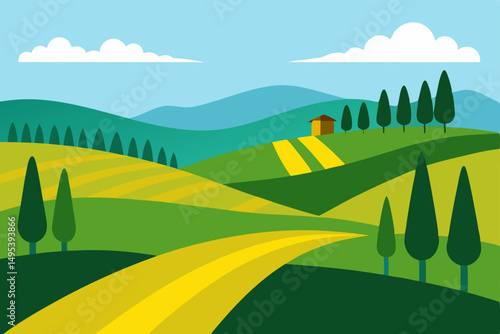 rolling hills of tuscany with cypress trees  