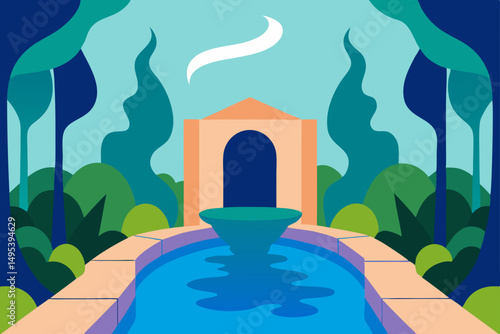 shaded garden courtyard with flowing water 